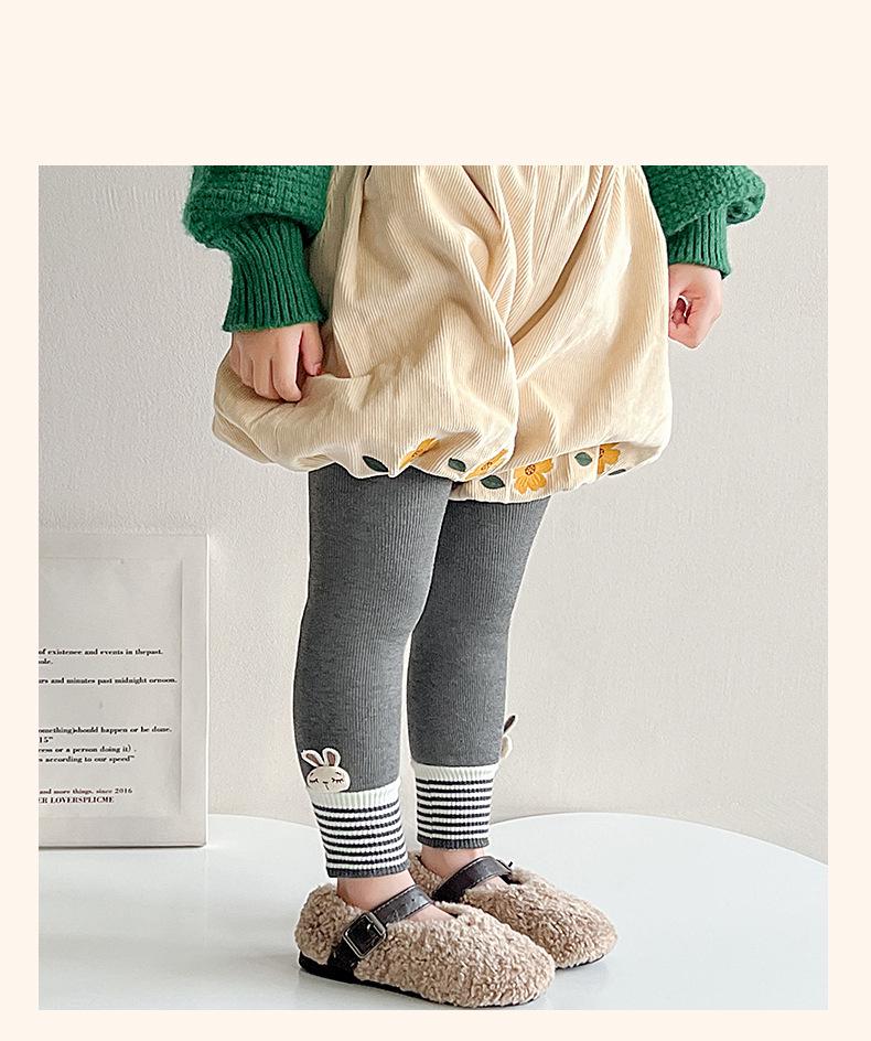 Girls' Velvet-Lined Fleece Leggings - Medium-Thick, Striped Rabbit Design for Winter