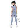 Kids Girls Equestrian Training Set Zip Stand Collar Ruffled Sleeve Contrast Trim Top and Non-slip Full Seat Riding Pants for Competition