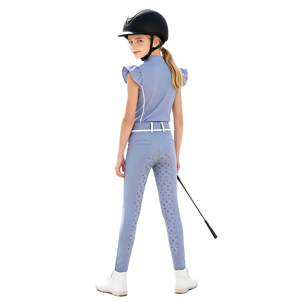 Kids Girls Equestrian Training Set Zip Stand Collar Ruffled Sleeve Contrast Trim Top and Non-slip Full Seat Riding Pants for Competition