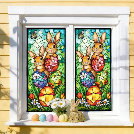 Yousheng Easter Window Clings Stained Glass Bunny UV Resistant Window Privacy Film Removable Static Decals for Living Room Bedroom Bathroom
