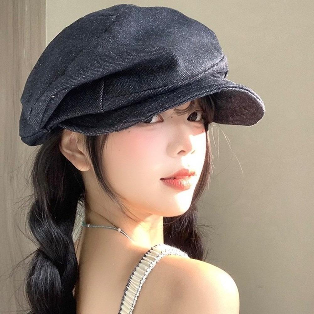 Cloud Octagonal Cap Japanese Pleated Painter Hat Casual Denim Beret Girl