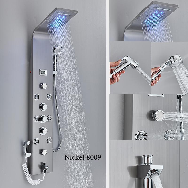 ALENARTWATER Bathroom Shower Panel LED Waterfall Shower Water Top Spray Temperature Display Faucet Back Massage with Water Tap