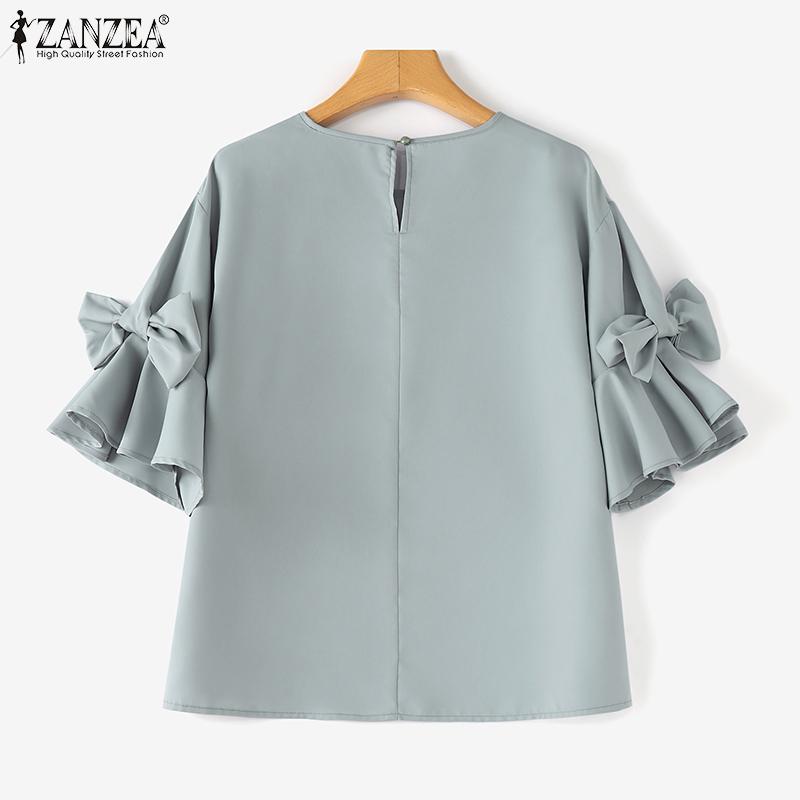 ZANZEA Women Fashion Round Neck Lantern Short Sleeve Tied Blouses