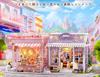 moin moin Dollhouse Miniature DIY Kit Scale Instructions Pink Flower Shop Antique Design with Cherry and Rose LED Light Music Box Acrylic Case Set,