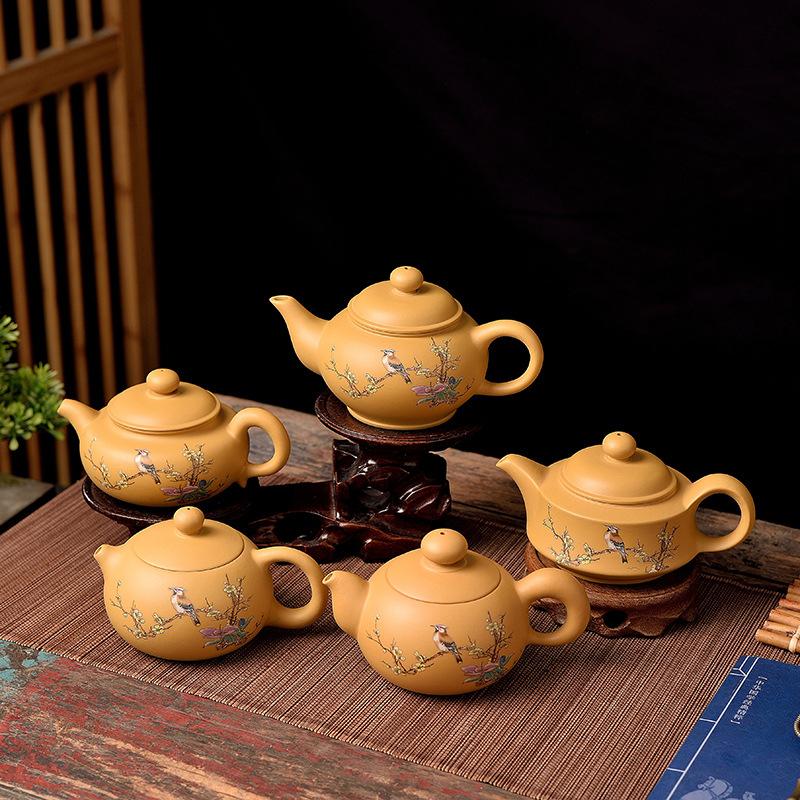 Hand Painted Flower and Bird Gold Vermilion Mud Purple Sand Teapot Yixing Tea Brewer Kung Fu Tea Set Xishi Concubine Antique Segment Mud Pot