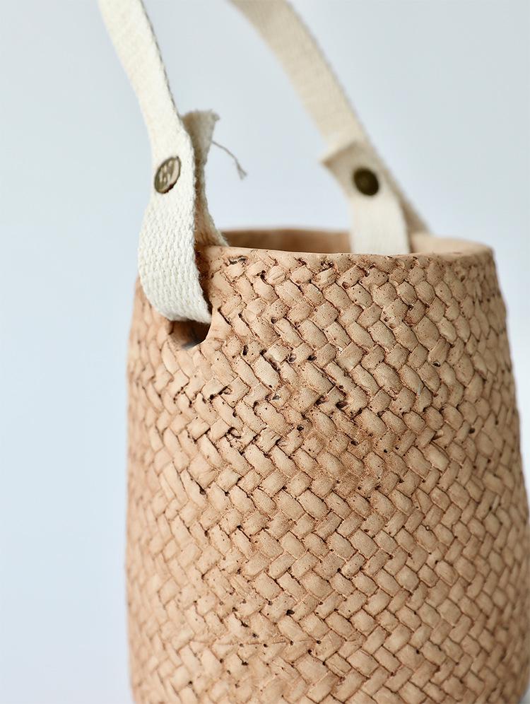 Creative Retro Rattan-Style Cement Flower Pot, Straw-Woven Hanging Basket with Handle for Plants and Flowers