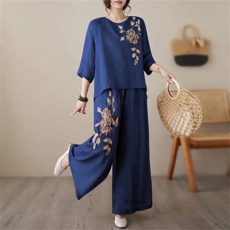 Damen Mode Baumwolle Leinen Bluse Koreanische Frauen Stickerei Zweiteiliger Anzug Sommer Damen Große Größe Weite Hosen