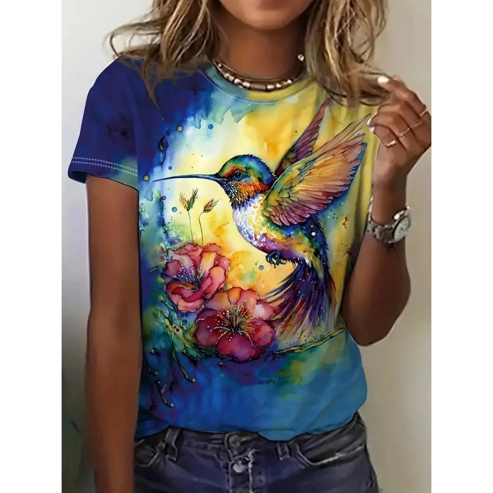 Fashionable 3D Animal Bird Print T-shirt for Women's Summer Casual O-neck Short Sleeved Top Kawaii Girls' T-shirt Loose and Trendy Women's Clothing