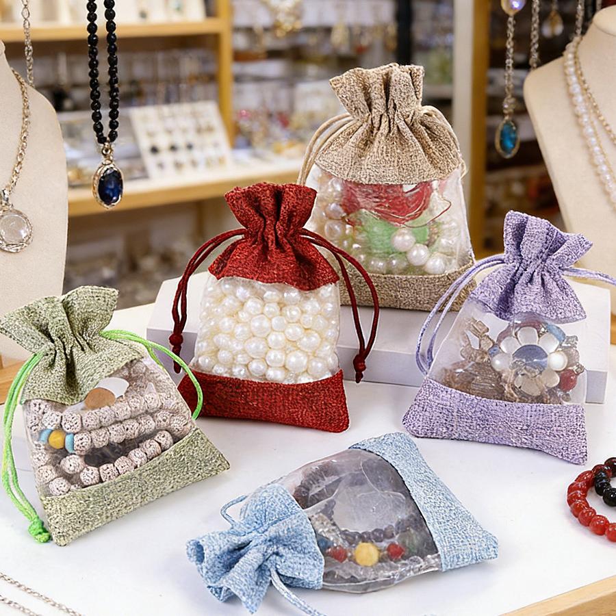 5Pcs Linen Drawstring Bags with See-Through Window, Organizer & Gift Pouch for Wedding Jewelry Store