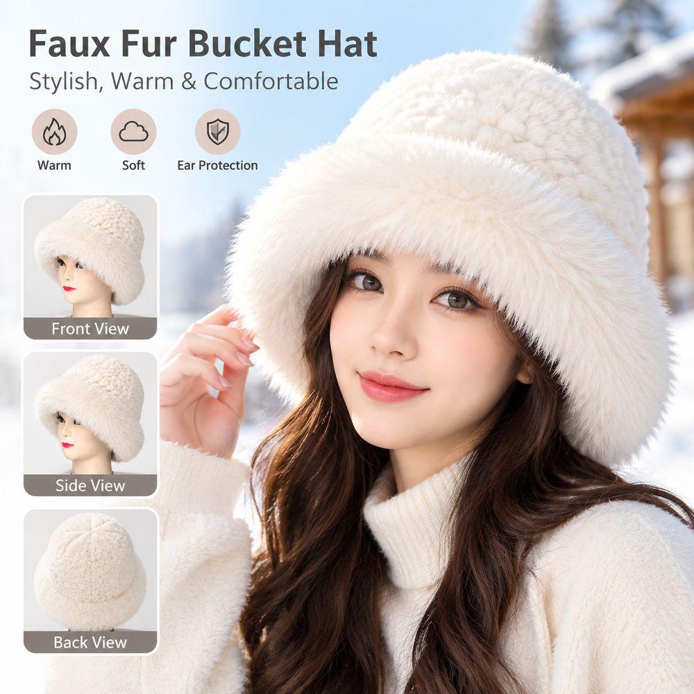 Fluffy Plush Fluffy Fur Bucket Hat Thick Warm Plush Fisherman Hat Plush Bucket Hat Daily Wear