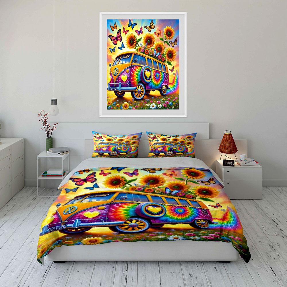 Juego de Ropa de Cama con Arte de Furgoneta Hippie Colorida con 1 Funda de Edredón 2 Fundas de Almohada Individual Doble King Queen, Regalo