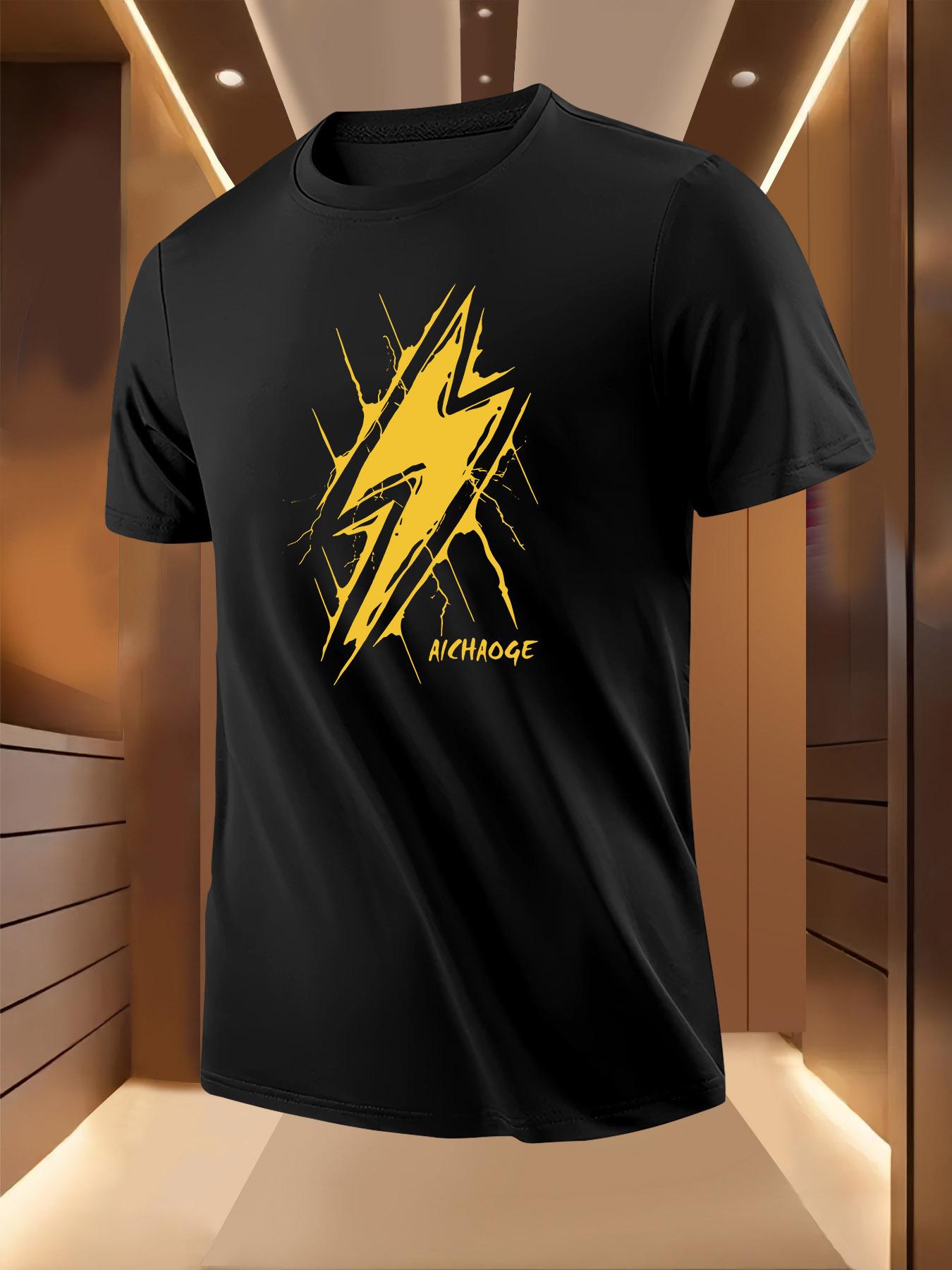 Black Casual Tshirt with Yellow Lightning Bolt Cracked Gr... M