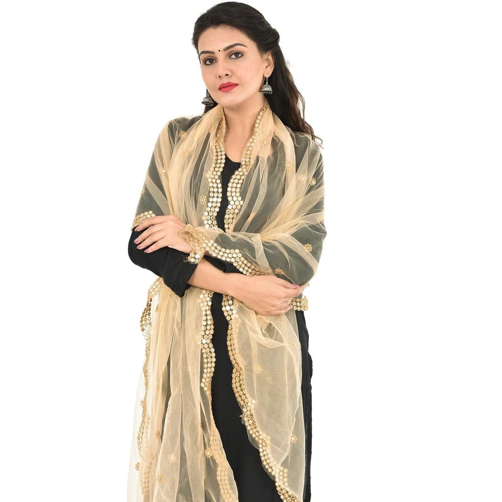 Net Embroidery Beige Women Dupatta Wedding Party Wear Designer Ethnic Chunni