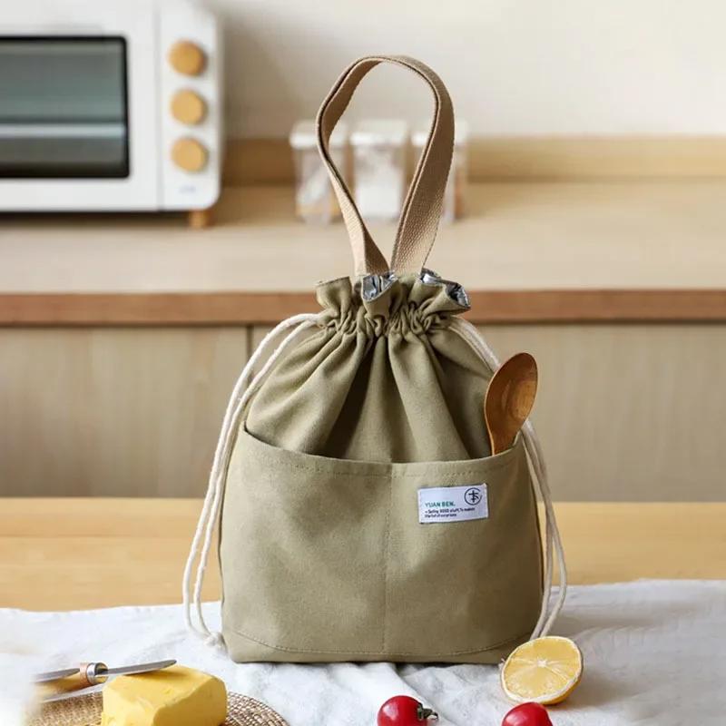 Drawstring Canvas Insulated Lunch Bag Outdoor Thicken Aluminium Foil Thermal Bento Box Tote Cooler Handbags for Office Workers