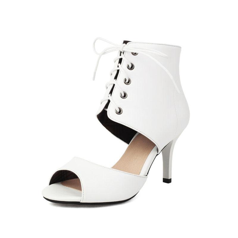 

Римские сандалии женские высокие открытый носок шнуровка летние женские сандалии черные белые 8 см тонкий высокий каблук сандалии женские WSH5045 34