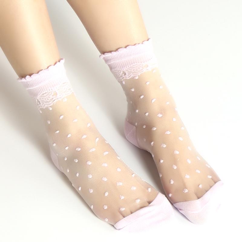 DONG AI Invisible Socks Women Summer Lace Socks Crystal Silk Polka Dot Ankle Socks Glass Black White Transparent Sock for Ladies