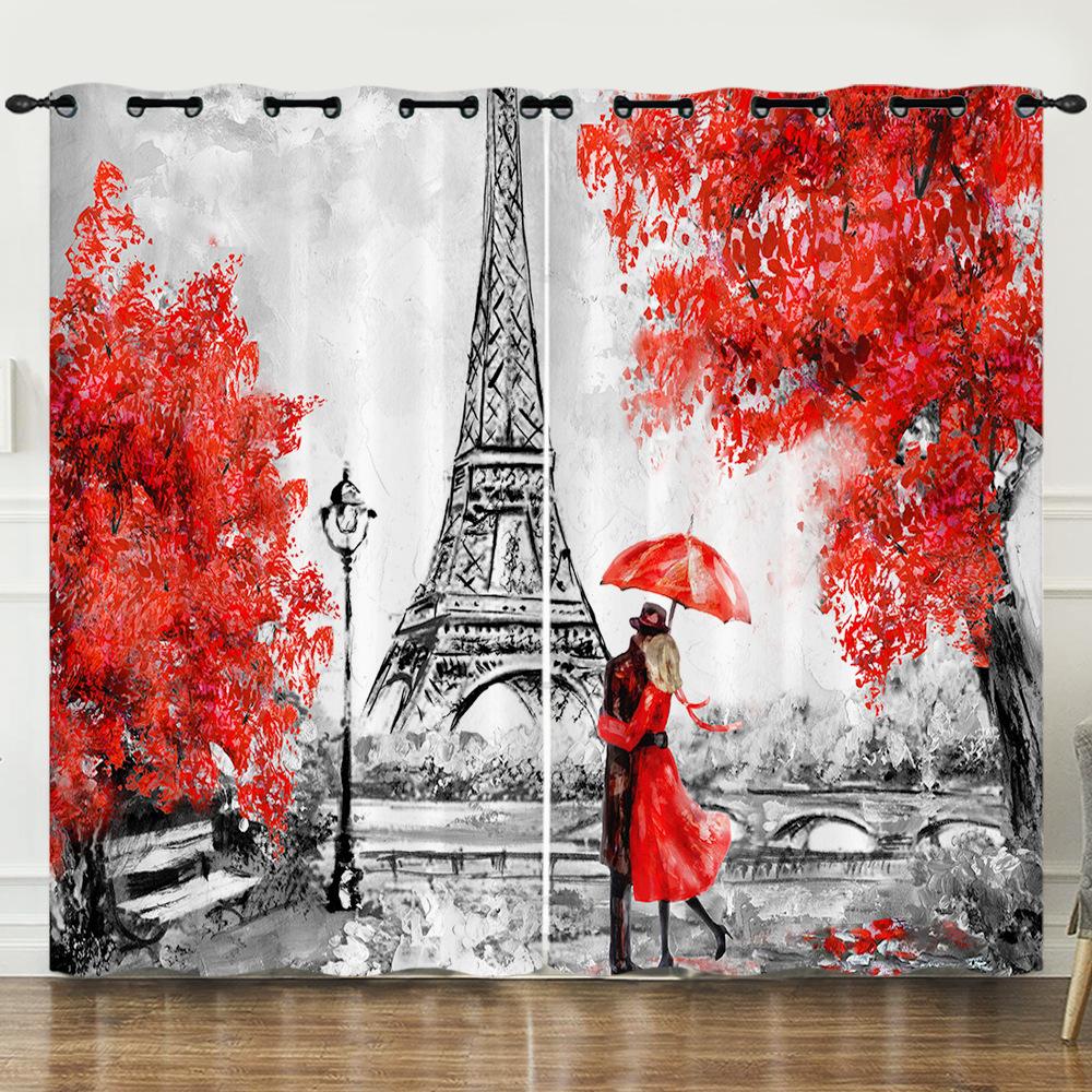 

Шторы Иллюстрация Парижской улицы 3D Цифровая печать Светонепроницаемая штора на люверсах 97cm*114cm*2