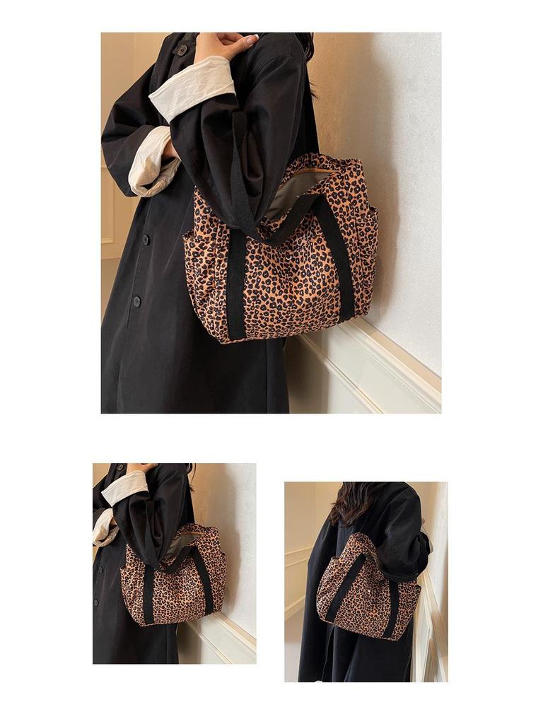 Leopard Print Canvas Tote: Large Capacity Autumn Shoulder Bag for Women, Versatile for College and Commute.