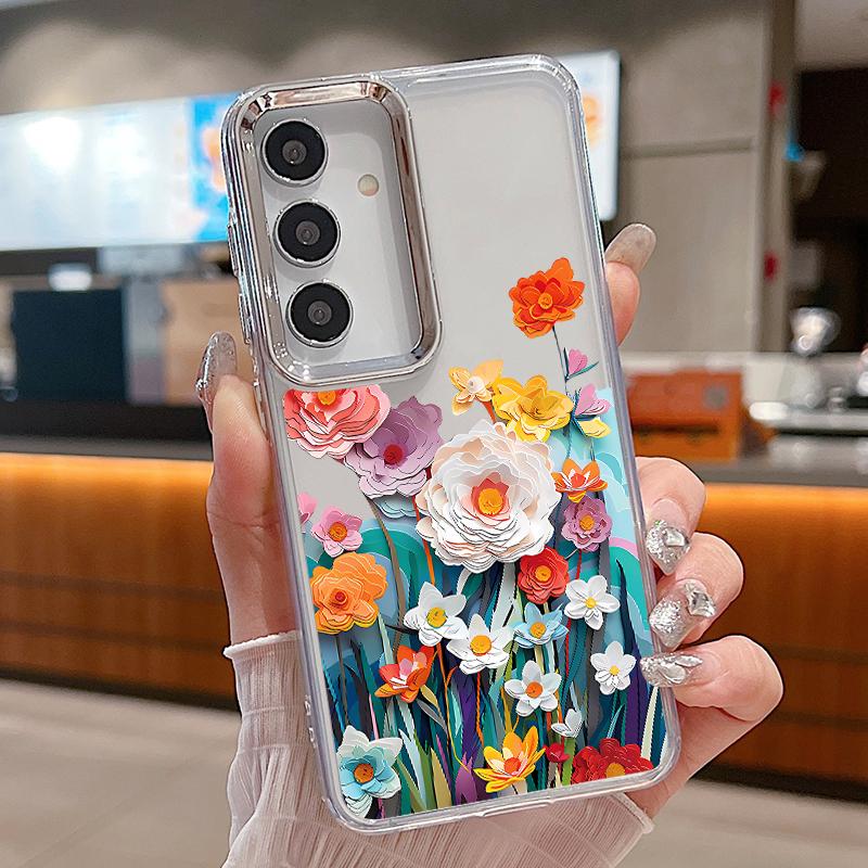 Colorful Flowers Print Case For Samsung S26 S25 Ultra S24 FE S23 Plus S22 S21 A15 A16 A17 A35 A36 A37 A54 A55 A56 A57 5G Plating Lens Soft Cover