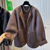 Leather And Fur Splicing Integrated Round Neck Jacket For Women In Autumn And Winter Loose Design Short Jacket