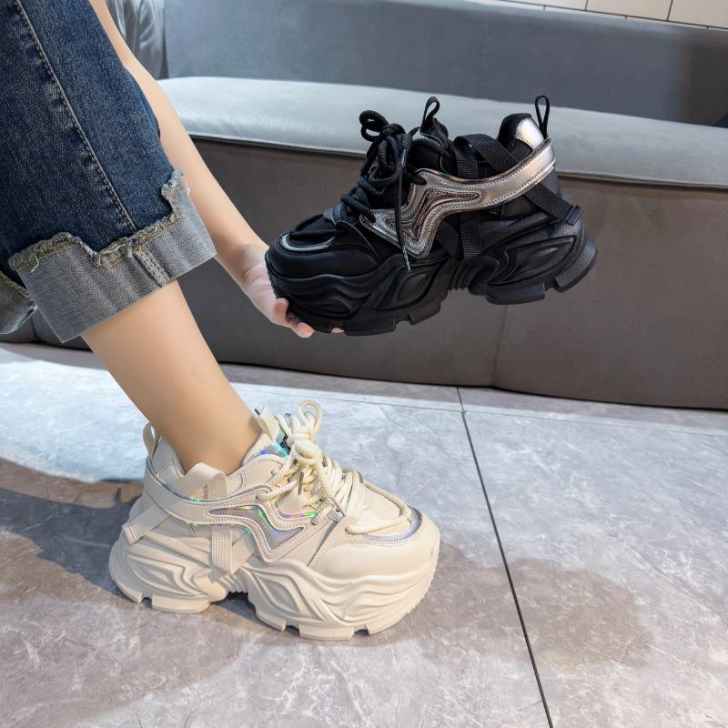 2025 Women's Casual Shoes Round Toe Platform Sole Increase Height Lace-up Chunk Sneakers Fashion All-match Autum Sports Shoes