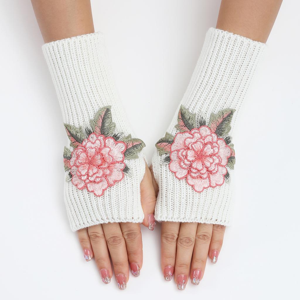 New Autumn and Winter Women's Knitted Woolen Sleeve Sleeves Half Finger Exposed Gloves Fashionable and Warm Short Wrist Guards Flower Gloves