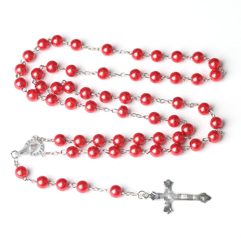8mm Glass Pearl Rosary Cross Necklace - European  American Style
