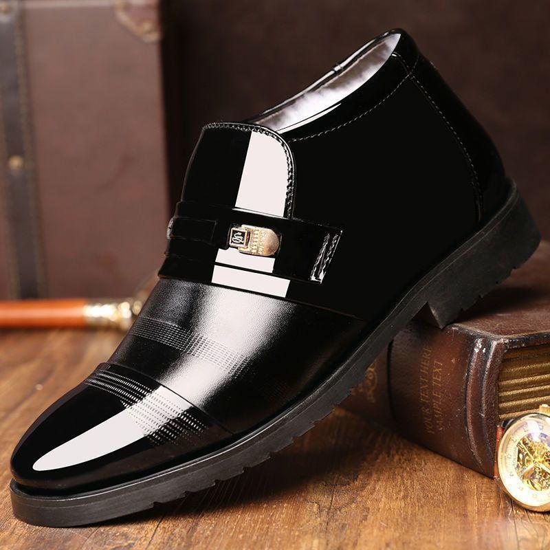 Leather Men's Fleece Warm Thickened Versatile Business Casual High Top Leather Shoes Non-slip Winter Snow