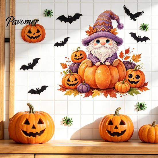 Cartoon Gnome Pumpkin Wall Decor Halloween Dwarf Stickers, Self Adhesive Removable PVC Decals, Autumn Leaves Festival Atmosphere Stickers And