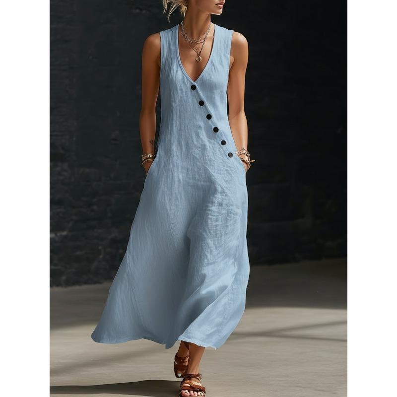 Summer V-neck Sleeveless Fashion Dress Vacation Leisure Elegant A-line Party Loose Dresses Plus Size Beveled Buttons Solid Color Casual Long Dress