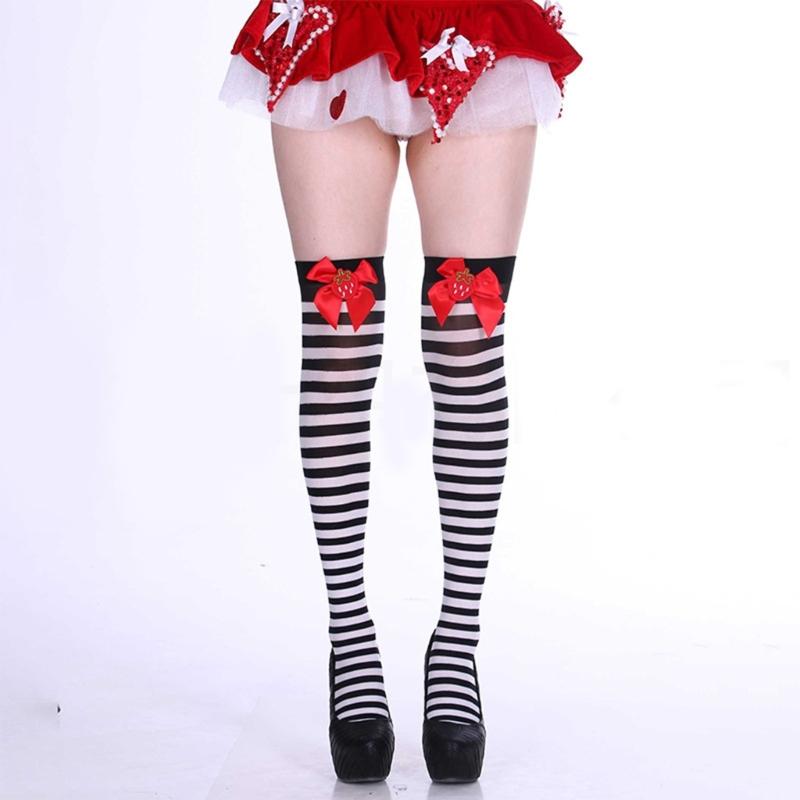 Sweet Bowknot Accent Thigh High Long Socks for Women Halloween Cosplay Parties Fishnet Striped Thigh High Stockings