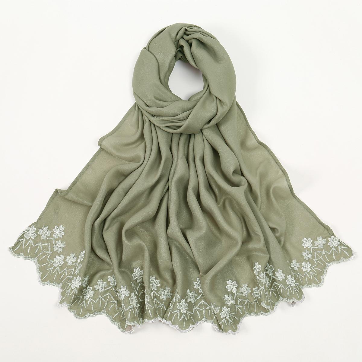 

Шифоновый хиджаб с цветочной вышивкой по краю для женщин, однотонный, простой, премиальный шифоновый платок с волнистым краем, шарф с перламутровой вышивкой, головной платок