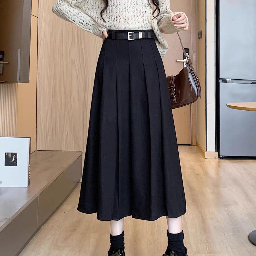 High Waist Woolen A-line Pleated Midi Skirt for Women - Autumn/Winter 2025 Style