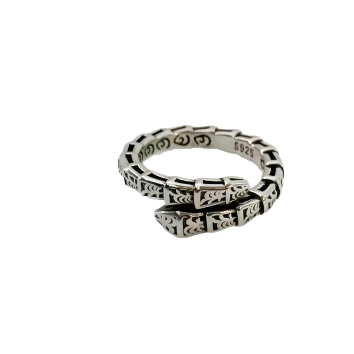 Unisex Retro Tang Dynasty Snake Ring - Distressed Grass Pattern, Geometric Design, Personalized and Trendy Open Style. античный серебряного