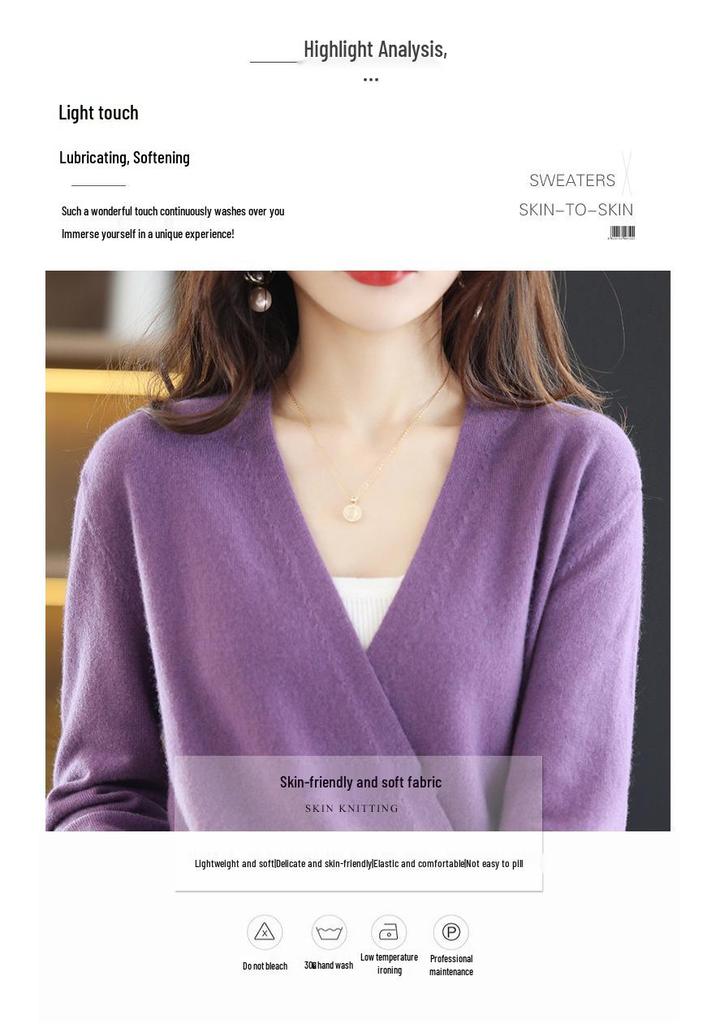 Women's Spring V-Neck 100% Wool Knit Cardigan - Long Sleeve, Short Style Sweater