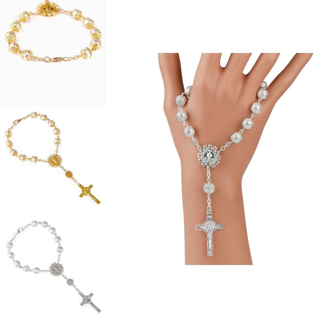 Elegancka Złota i Srebrna Koronkowa Imitacja Szkła Perłowa Różana Bransoletka Różaniec Z Krzyżem