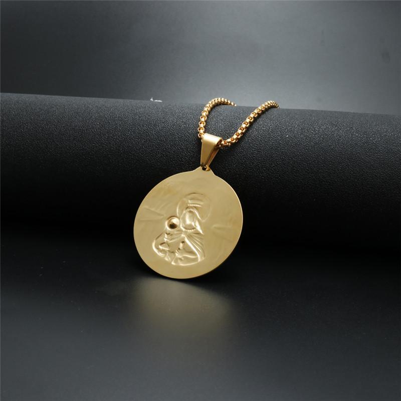 Men Golden Mary Mother of Jesus Round Medallion CZ Pendant Necklace Stainless Steel Virgin Mary Necklaces Jewelry
