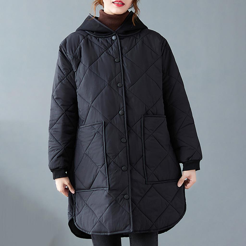 Jachetă de damă de iarnă cu glugă, cu mâneci lungi, de lungime medie, lejeră, din bumbac ușor