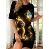 Women's Fashion Dresses Round Neck Short Sleeve Cat Pattern Printed Loose Casual Home Dress