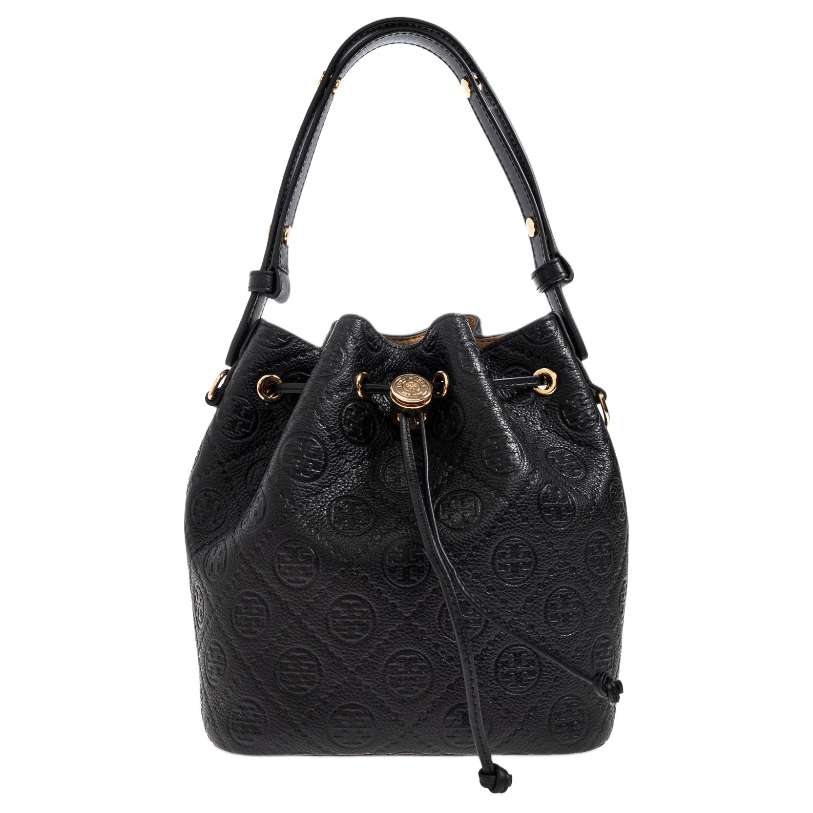 Tory Burch Women's Black T Monogram Logo Textured Embossed Design Leather Bucket Bag Handbags 175473-001
