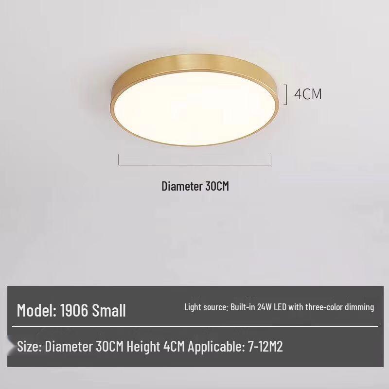 All-Copper Modern LED Ceiling Light: Ultra-Thin Round Fixture for Bedroom, Balcony, and Hallway