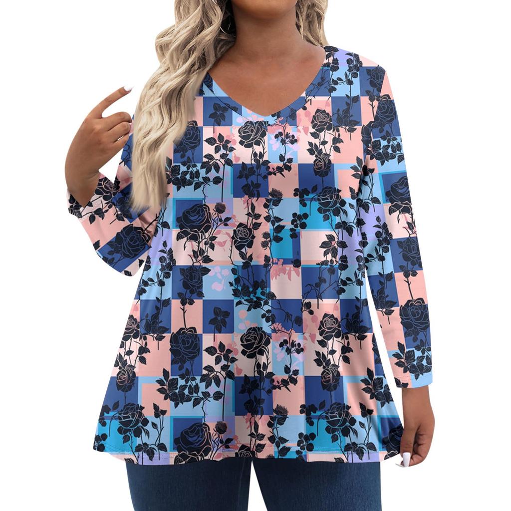 Women's Fashionable Casual Long Sleeved Plus Size Floral Print Top Plus Size Floral Print Top