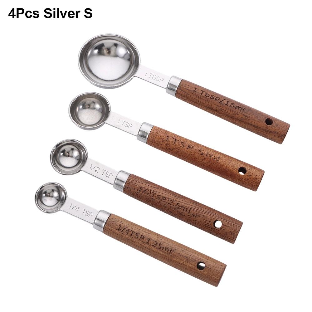 4Pcs Stainless Steel Measuring Cup Spoon Wooden Handle Gold Silver Coffee Measuring Spoon Black 1.25-250ml Baking Tool