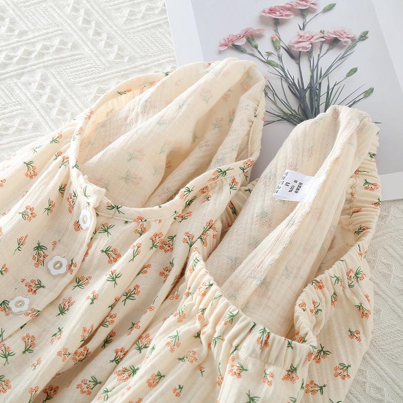 Dámské pyžamo z čisté bavlny Dámské kalhoty s dlouhým rukávem, kulatým výstřihem, volné domácí oblečení, malý potisk, bavlna, sada na spaní