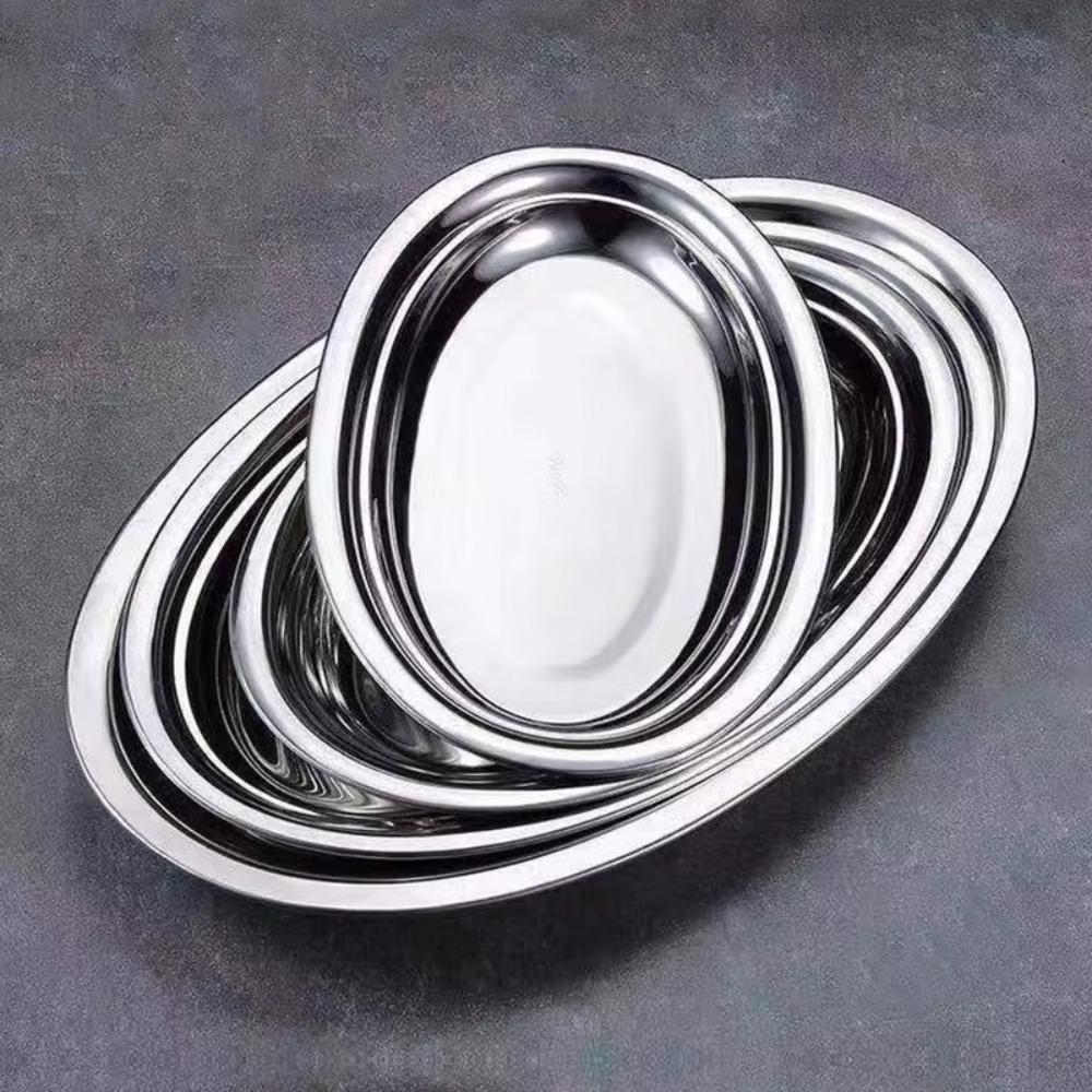 Gold/Silver Elliptical Steamed Fish Plate Stainless Steel Snack Tray Barbecue Dish  Fried Chips