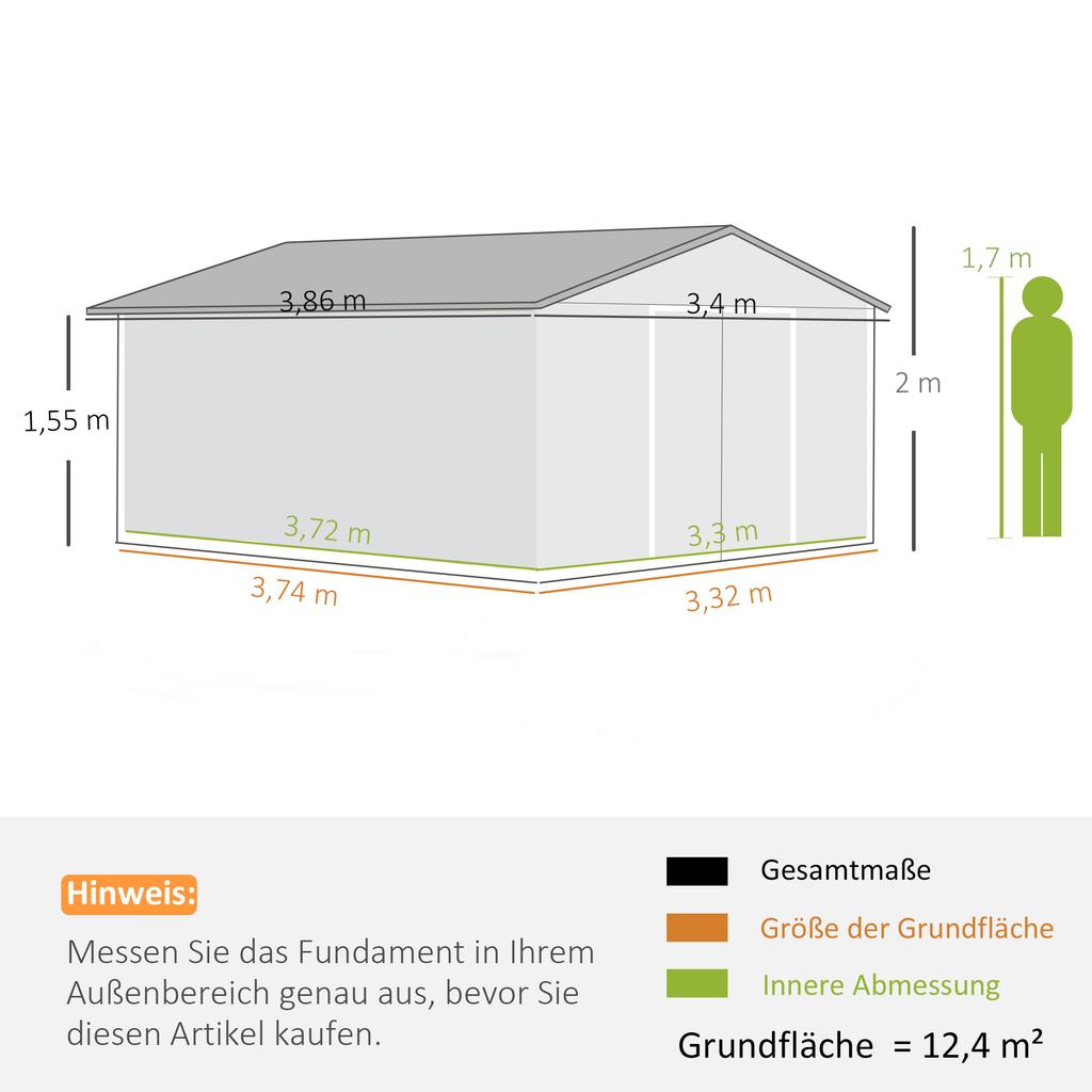 13 x 11 pés Galpão de Armazenamento de Metal para Jardim Galpão de Armazenamento Externo com Kit de Fundação Ventilação e Portas, Cinza Claro