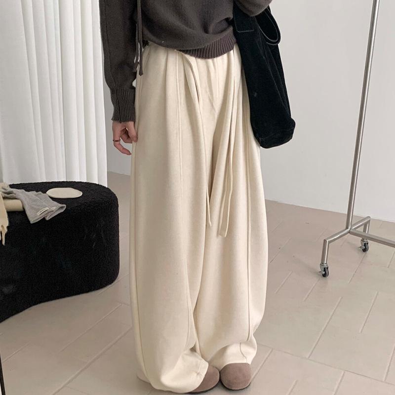 Women's High Waist Wide Leg Pants Loose Sweatpants Streetwear Vintage Curved Pants Fleece Lined Drawstring Composite Craft Fall Warm Casual Trousers