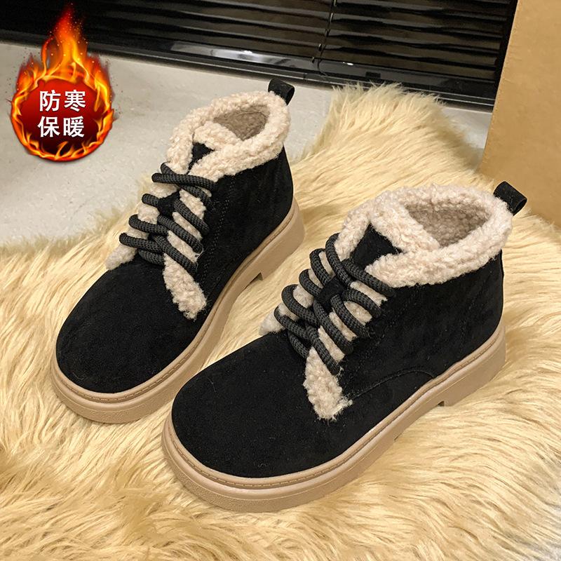 Winter new thick-soled outer wear velvet knight boots warm medium tube Martin boots lace-up fluffy snow boots women