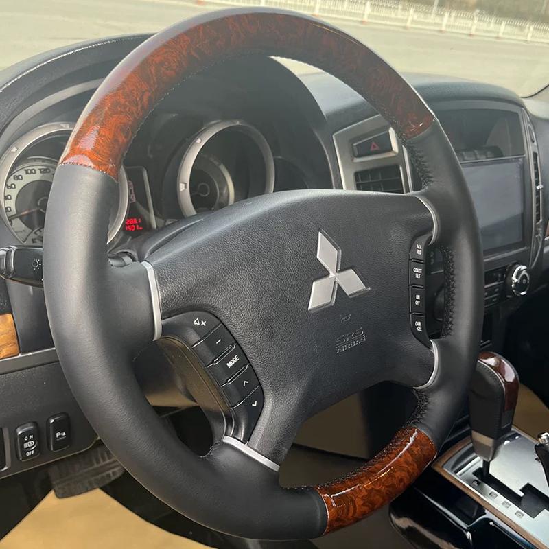 Für Mitsubishi Pajero 2007-2014 Galant 2008-2012 Handgenähtes Schwarzes Leder Pfirsichholzmaserung Auto Lenkradabdeckung