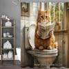 Cartoon Cat Bathroom Set: Funny Cat Reading Newspaper Shower Curtain & Accessories